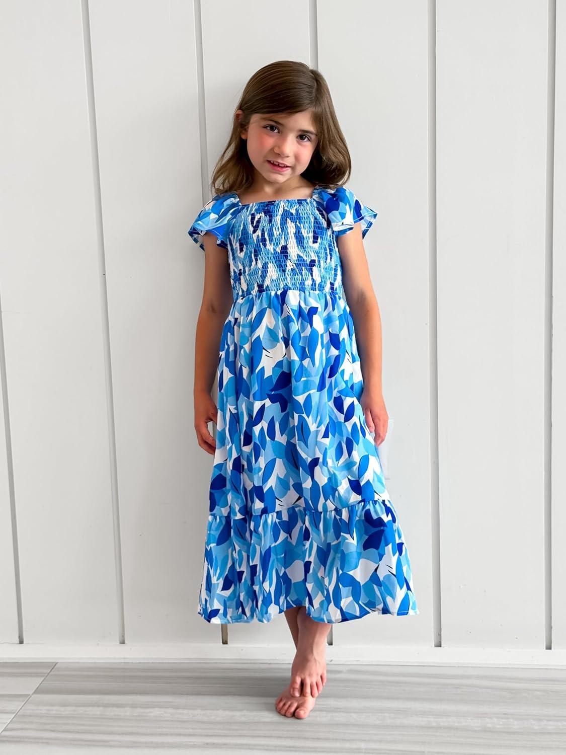 imageGRACE KARIN Girls Flutter Sleeve Floral Dresses Girl Long Midi Spring Dress Kids Smocked Flare Summer Dress 616YBlue Leaves