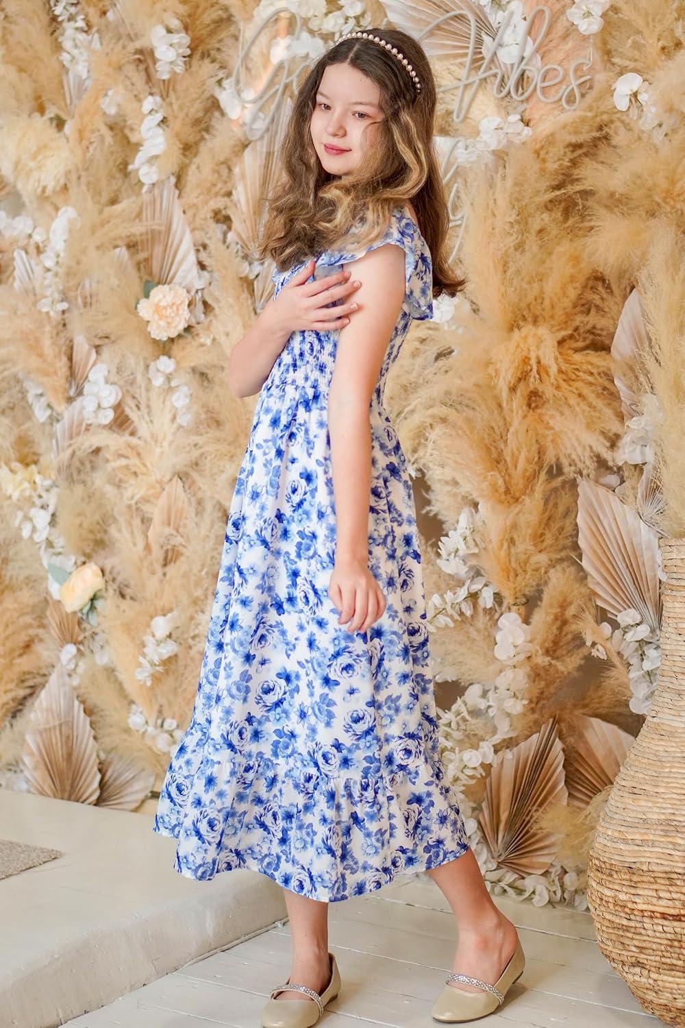 imageGRACE KARIN Girls Flutter Sleeve Floral Dresses Girl Long Midi Spring Dress Kids Smocked Flare Summer Dress 616YBlue and White Floral
