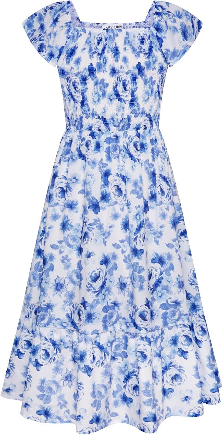 imageGRACE KARIN Girls Flutter Sleeve Floral Dresses Girl Long Midi Spring Dress Kids Smocked Flare Summer Dress 616YBlue and White Floral