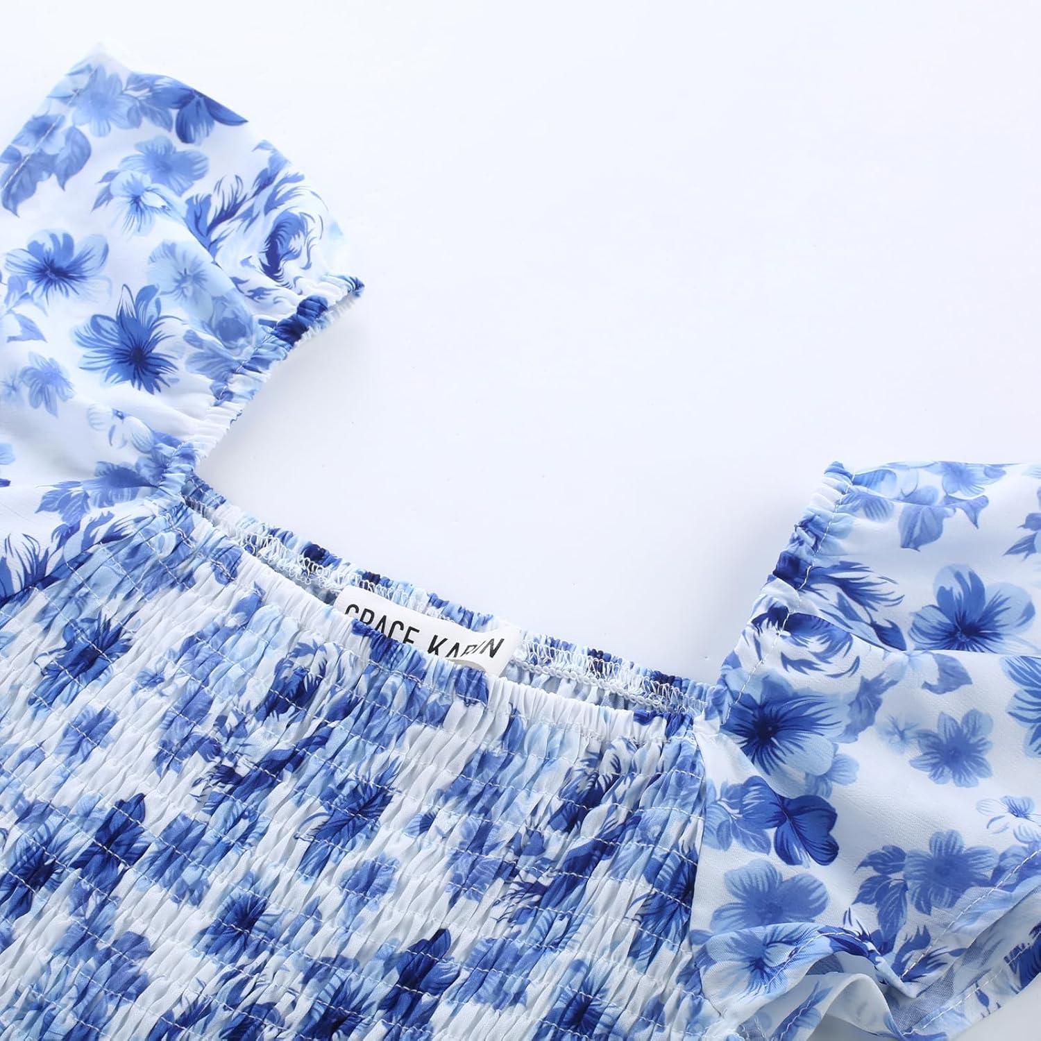imageGRACE KARIN Girls Flutter Sleeve Floral Dresses Girl Long Midi Spring Dress Kids Smocked Flare Summer Dress 616YBlue and White Floral