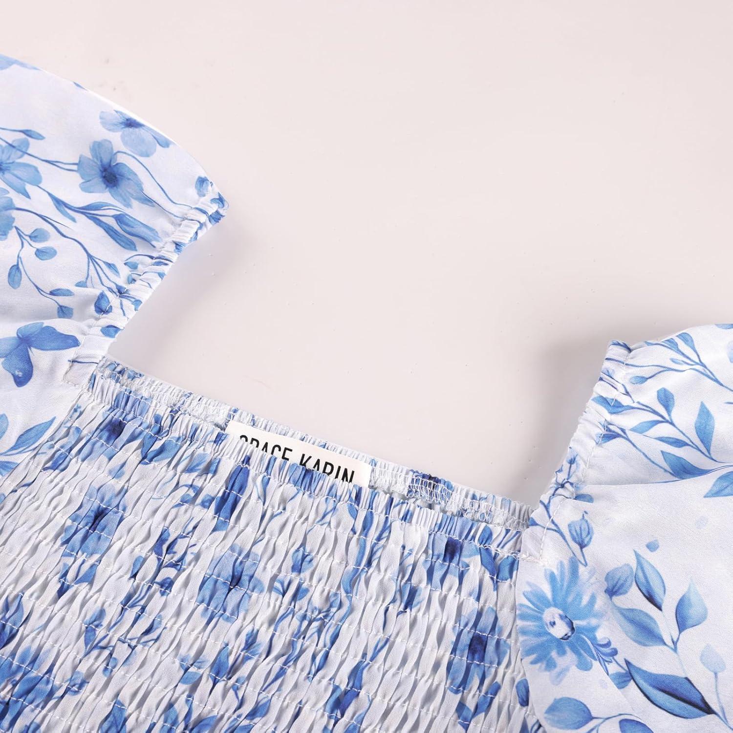 imageGRACE KARIN Girls Flutter Sleeve Floral Dresses Girl Long Midi Spring Dress Kids Smocked Flare Summer Dress 616YDusty Blue Floral