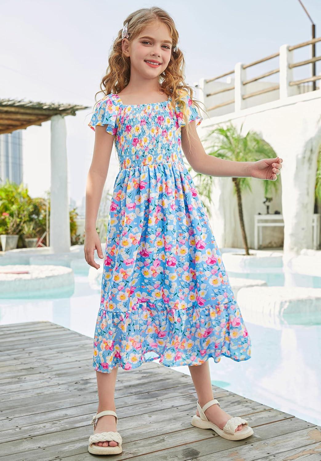 imageGRACE KARIN Girls Flutter Sleeve Floral Dresses Girl Long Midi Spring Dress Kids Smocked Flare Summer Dress 616YFlowers on Blue