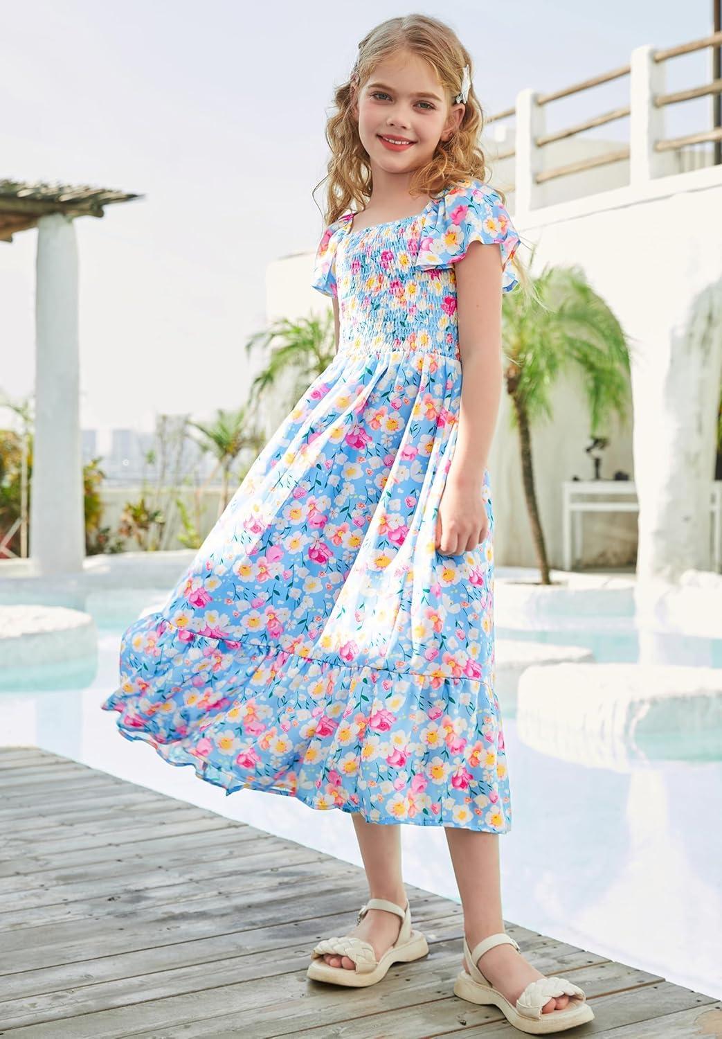 imageGRACE KARIN Girls Flutter Sleeve Floral Dresses Girl Long Midi Spring Dress Kids Smocked Flare Summer Dress 616YFlowers on Blue