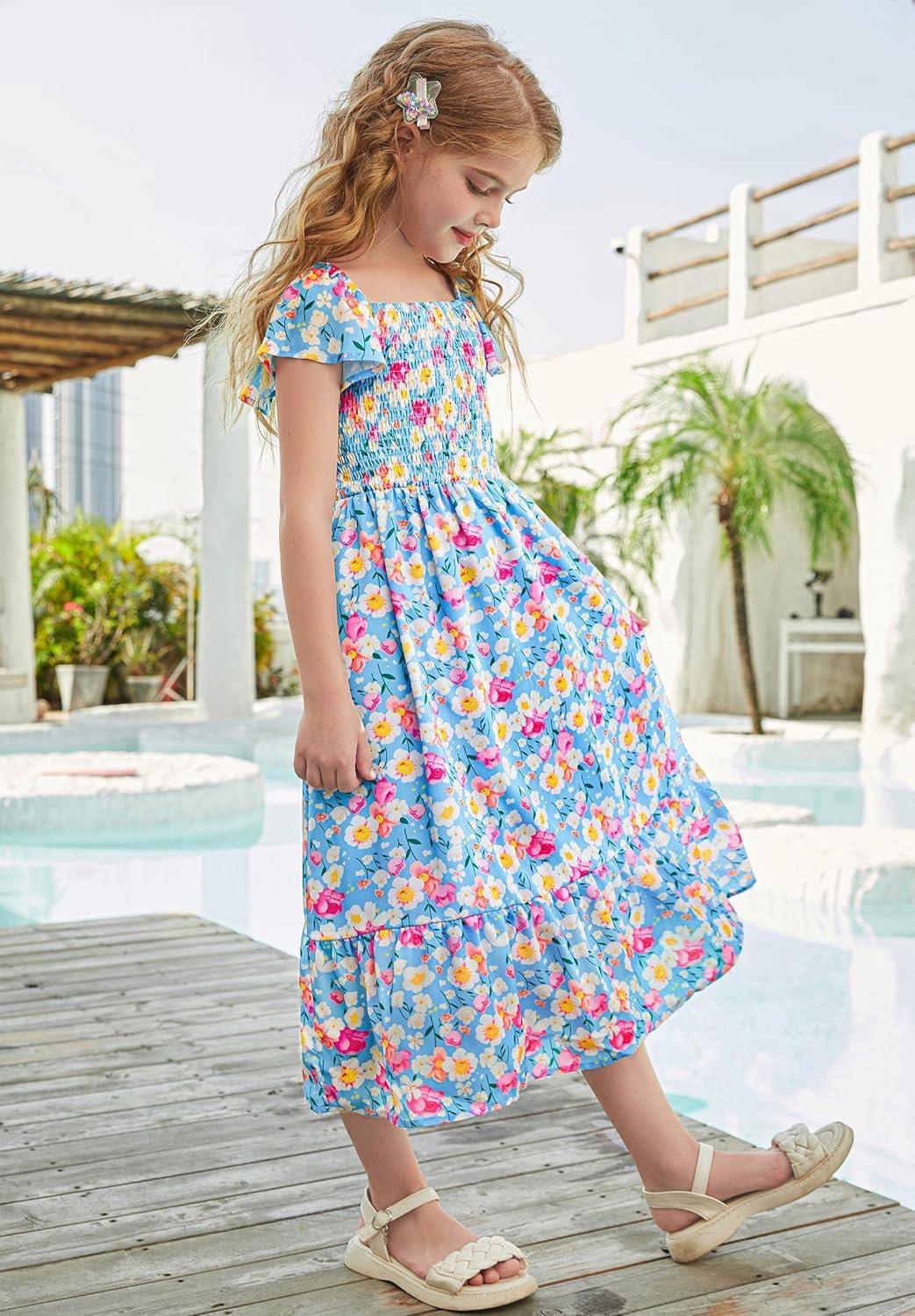 imageGRACE KARIN Girls Flutter Sleeve Floral Dresses Girl Long Midi Spring Dress Kids Smocked Flare Summer Dress 616YFlowers on Blue
