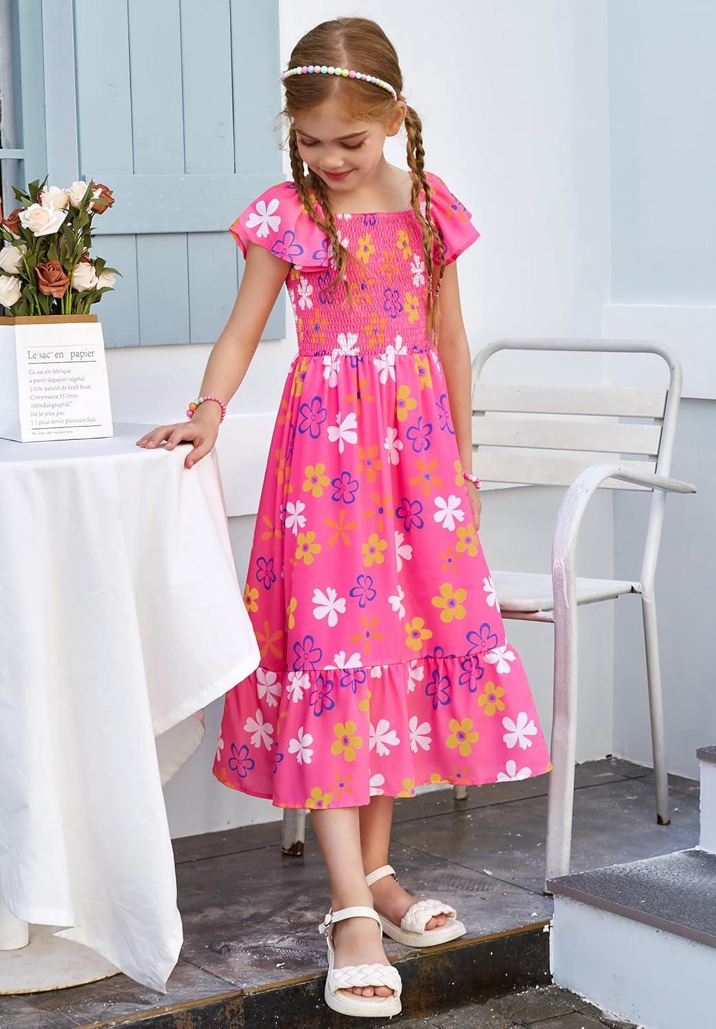 imageGRACE KARIN Girls Flutter Sleeve Floral Dresses Girl Long Midi Spring Dress Kids Smocked Flare Summer Dress 616YFlowers on Hot Pink