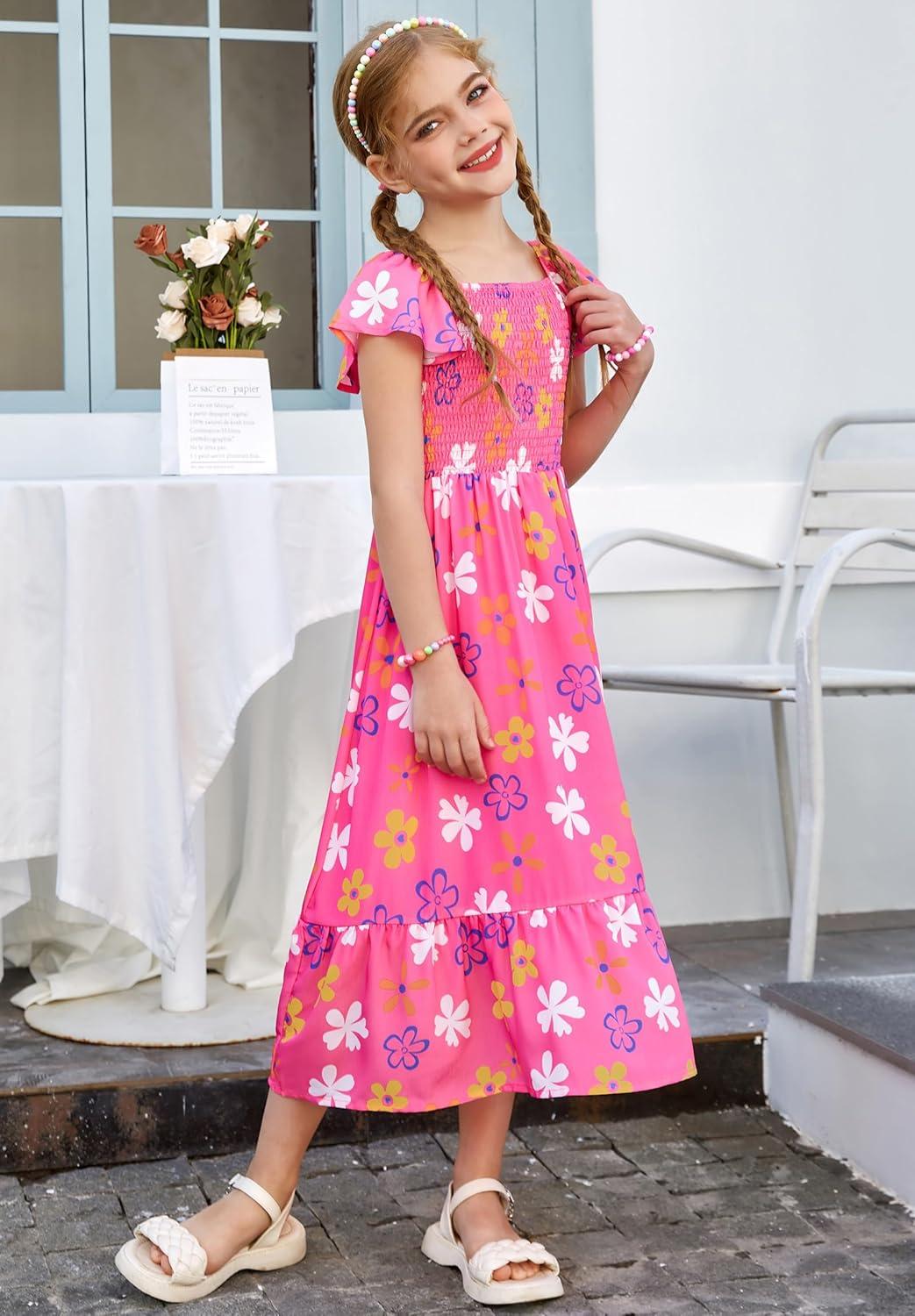 imageGRACE KARIN Girls Flutter Sleeve Floral Dresses Girl Long Midi Spring Dress Kids Smocked Flare Summer Dress 616YFlowers on Hot Pink