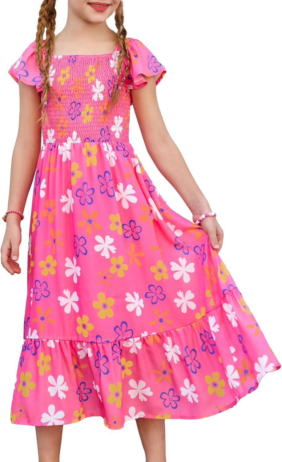 imageGRACE KARIN Girls Flutter Sleeve Floral Dresses Girl Long Midi Spring Dress Kids Smocked Flare Summer Dress 616YFlowers on Hot Pink