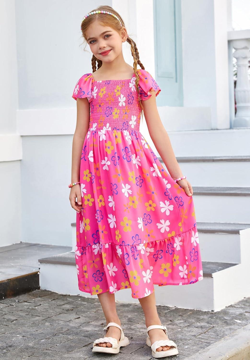 imageGRACE KARIN Girls Flutter Sleeve Floral Dresses Girl Long Midi Spring Dress Kids Smocked Flare Summer Dress 616YFlowers on Hot Pink