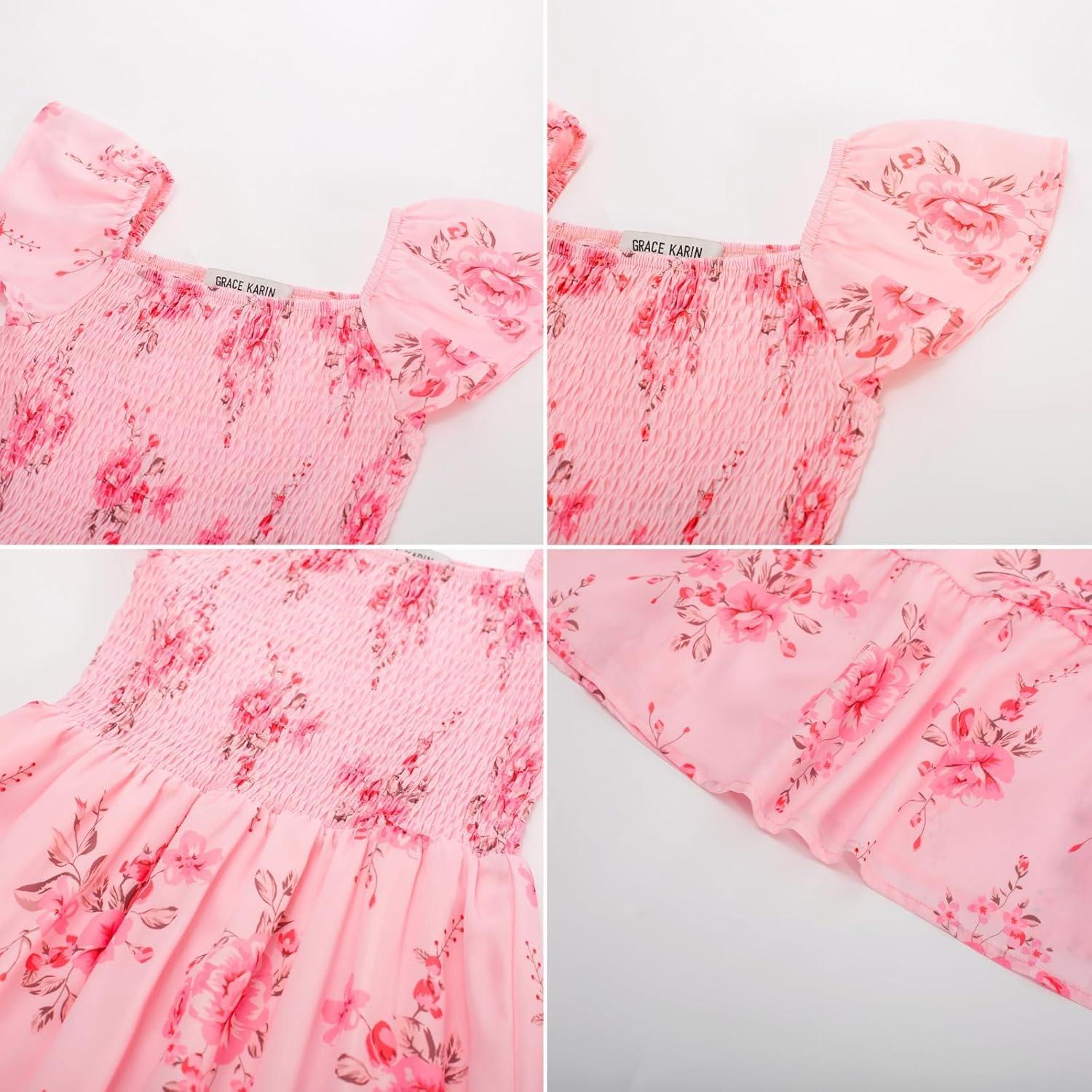 imageGRACE KARIN Girls Flutter Sleeve Floral Dresses Girl Long Midi Spring Dress Kids Smocked Flare Summer Dress 616YFlowers on Light Pink