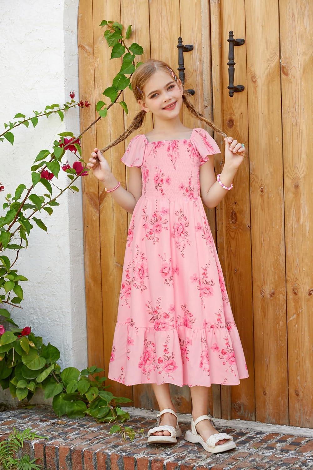 imageGRACE KARIN Girls Flutter Sleeve Floral Dresses Girl Long Midi Spring Dress Kids Smocked Flare Summer Dress 616YFlowers on Light Pink