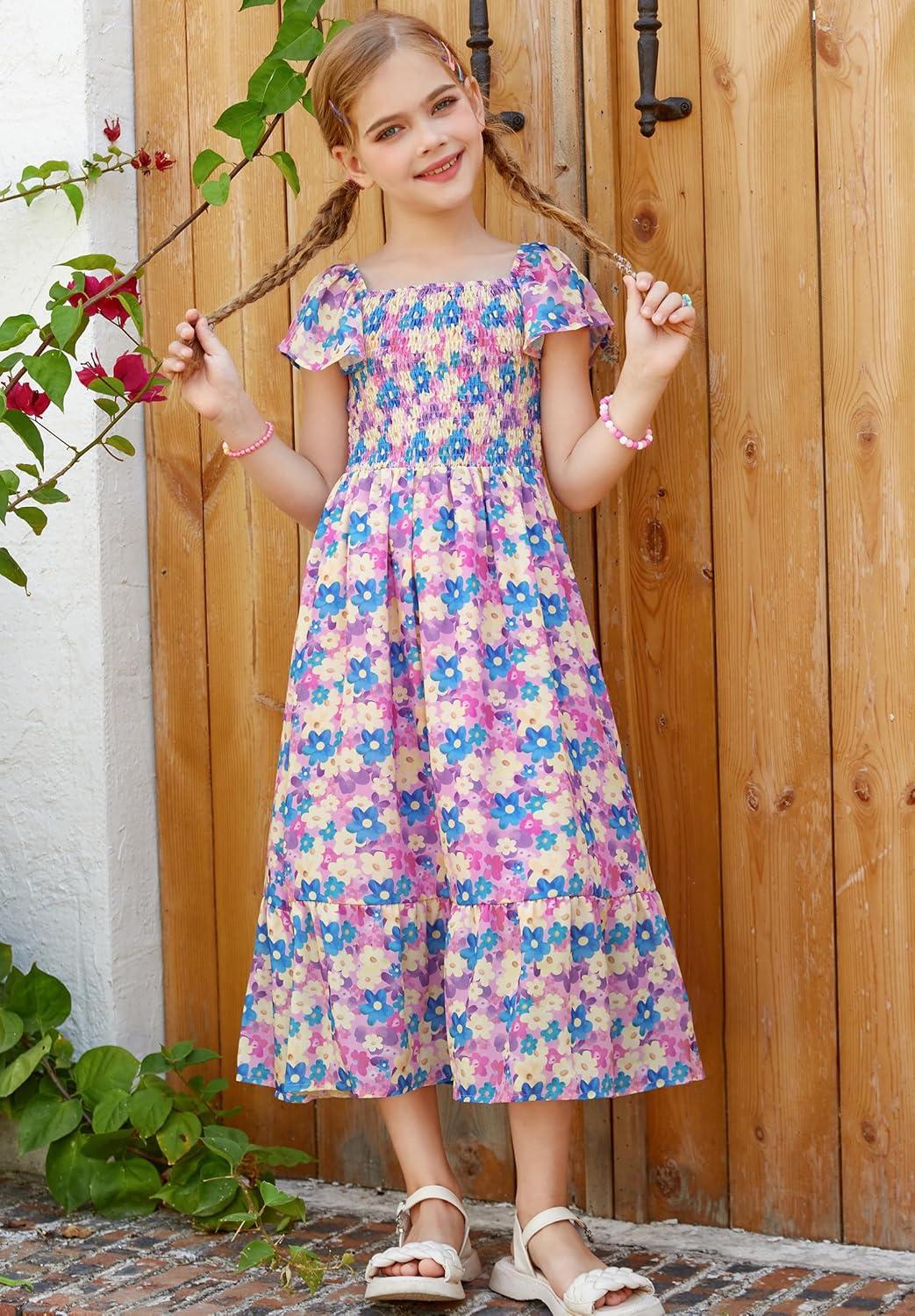 imageGRACE KARIN Girls Flutter Sleeve Floral Dresses Girl Long Midi Spring Dress Kids Smocked Flare Summer Dress 616YFlowers on Purple