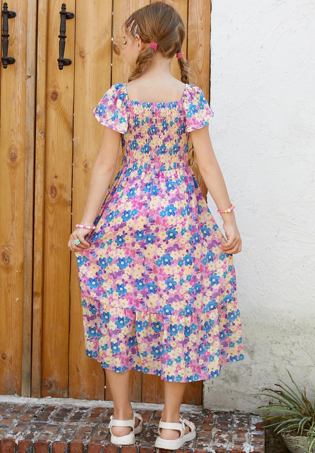 imageGRACE KARIN Girls Flutter Sleeve Floral Dresses Girl Long Midi Spring Dress Kids Smocked Flare Summer Dress 616YFlowers on Purple