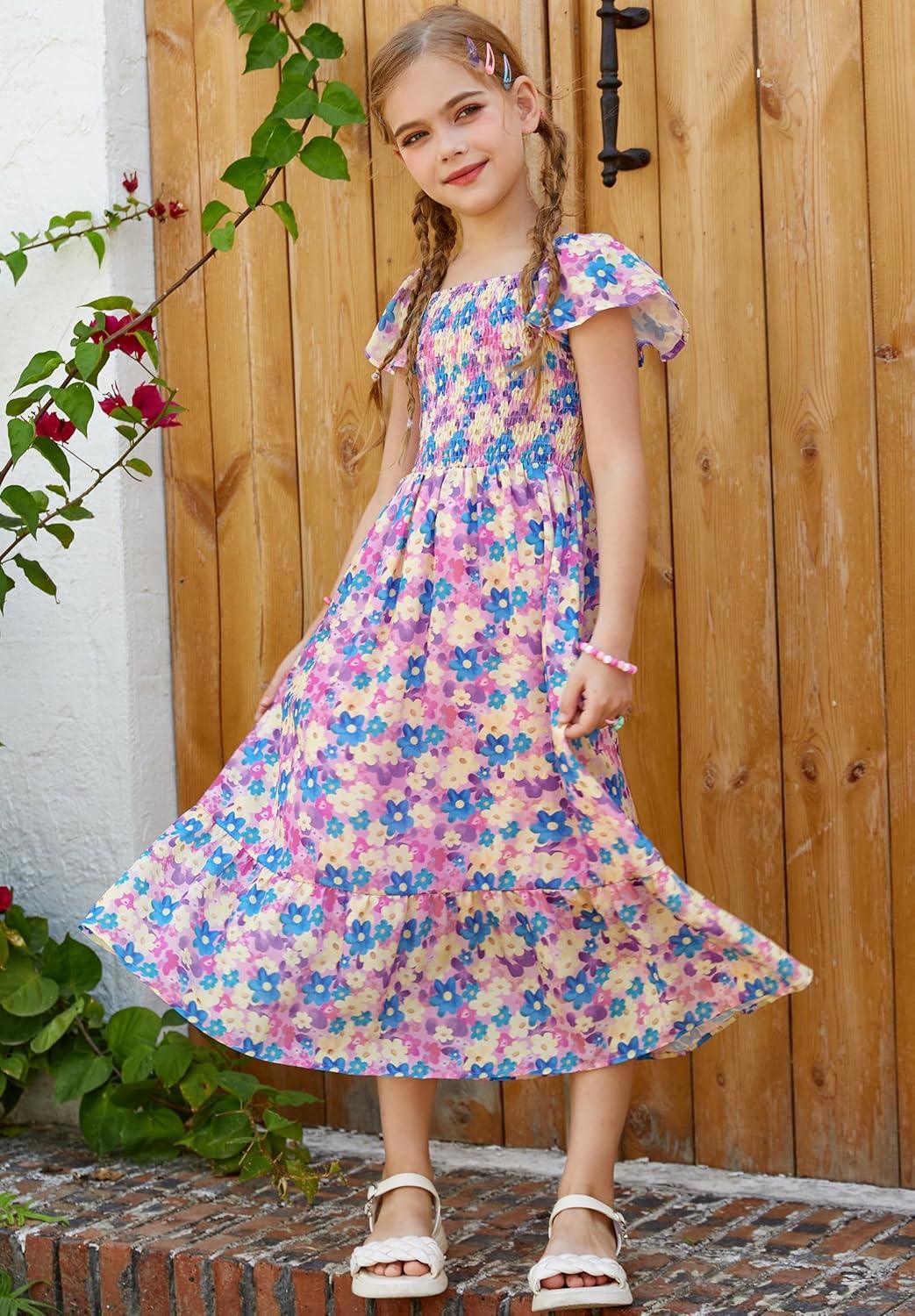 imageGRACE KARIN Girls Flutter Sleeve Floral Dresses Girl Long Midi Spring Dress Kids Smocked Flare Summer Dress 616YFlowers on Purple