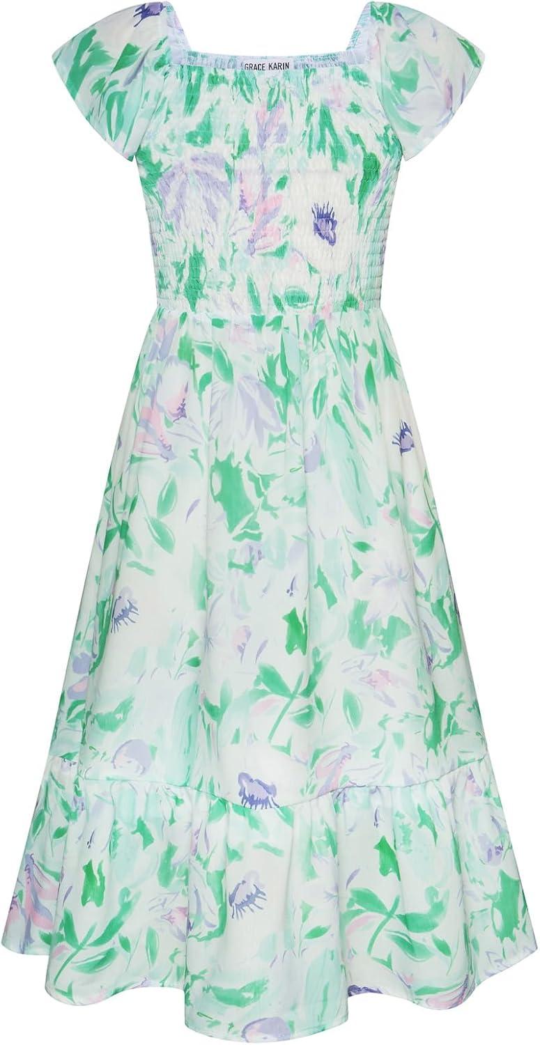 imageGRACE KARIN Girls Flutter Sleeve Floral Dresses Girl Long Midi Spring Dress Kids Smocked Flare Summer Dress 616YGreen Floral