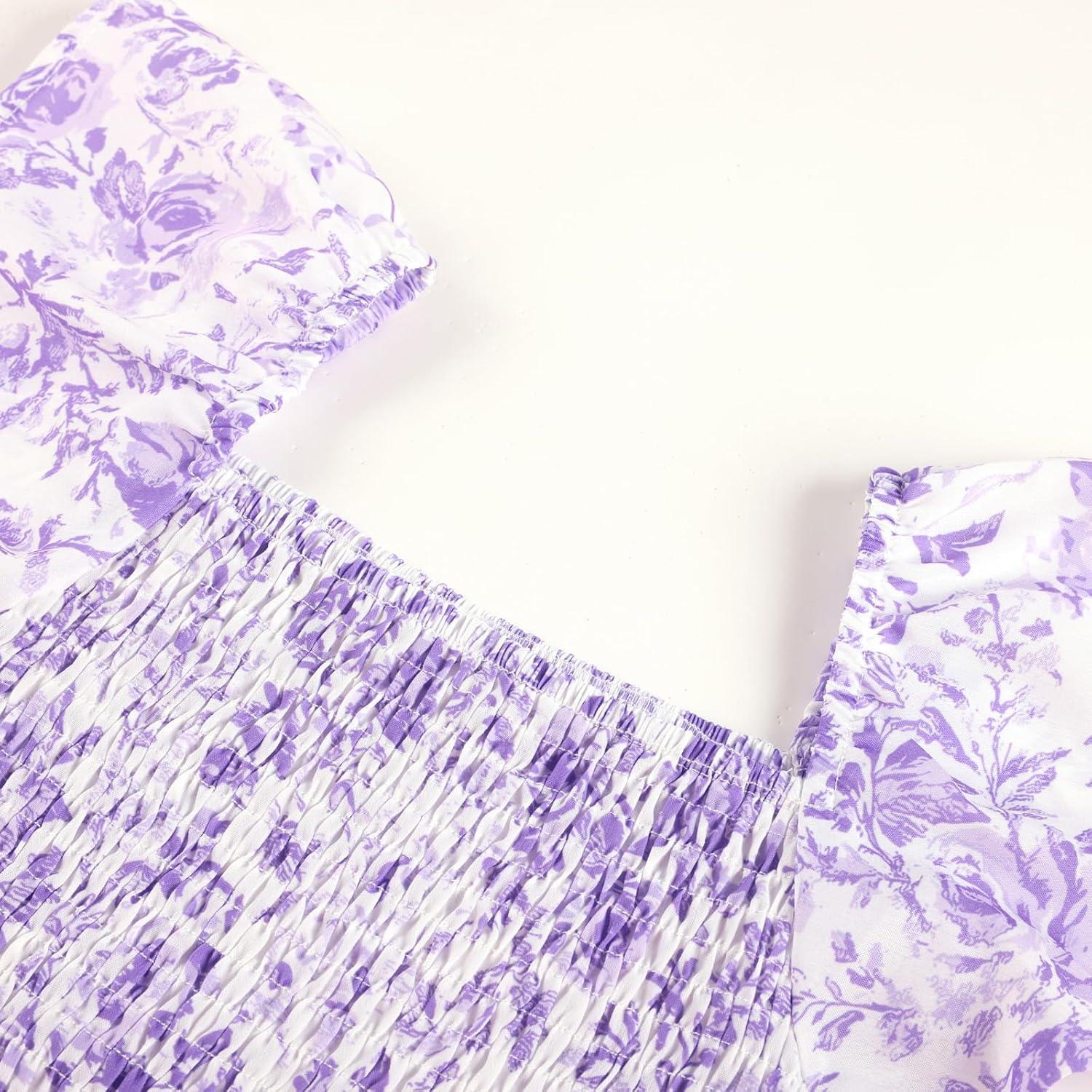 imageGRACE KARIN Girls Flutter Sleeve Floral Dresses Girl Long Midi Spring Dress Kids Smocked Flare Summer Dress 616YLavender Floral