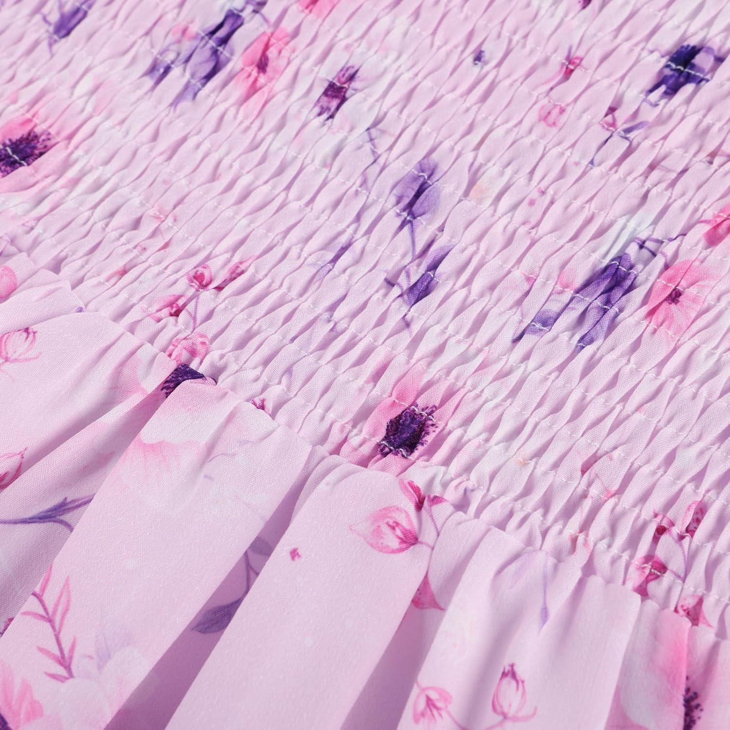 imageGRACE KARIN Girls Flutter Sleeve Floral Dresses Girl Long Midi Spring Dress Kids Smocked Flare Summer Dress 616YLilac Pink Floral
