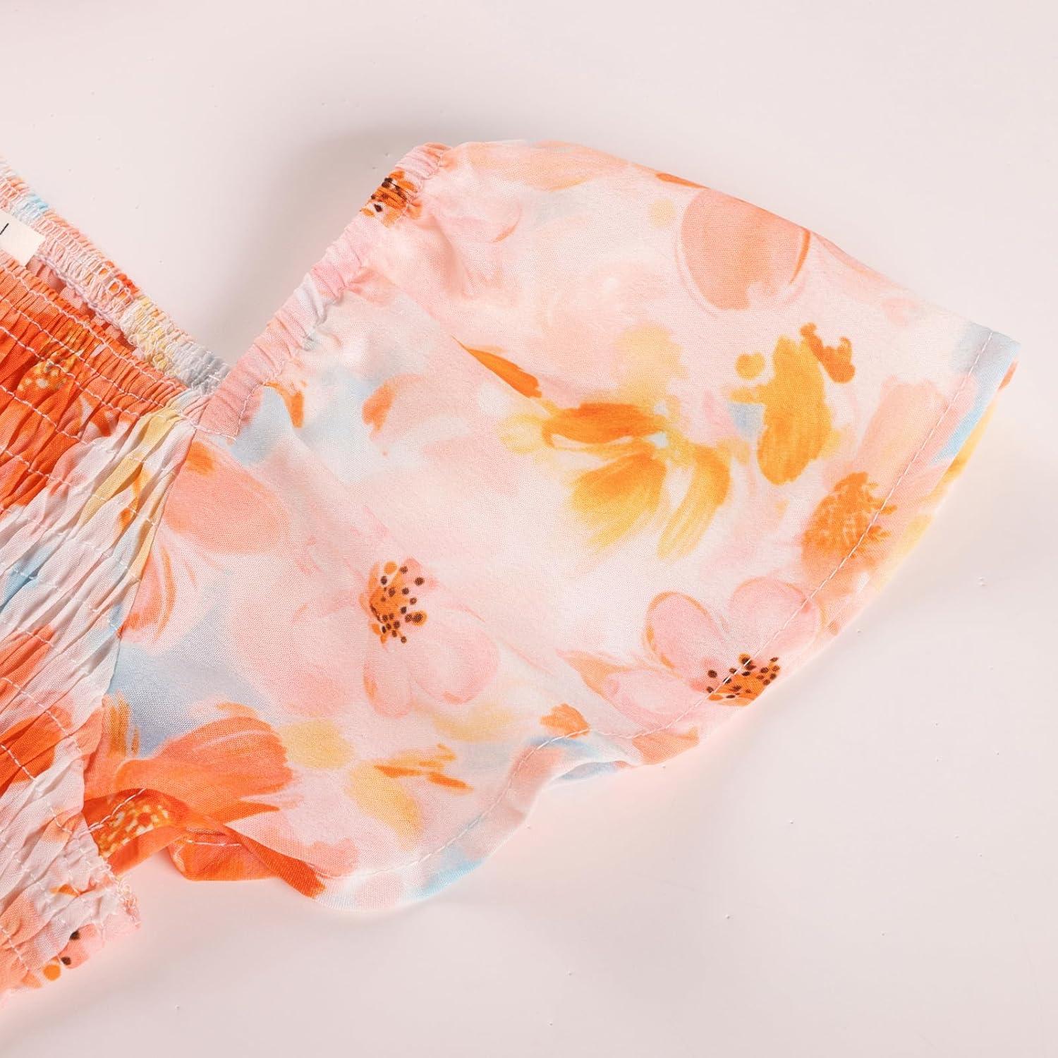 imageGRACE KARIN Girls Flutter Sleeve Floral Dresses Girl Long Midi Spring Dress Kids Smocked Flare Summer Dress 616YOrange Floral