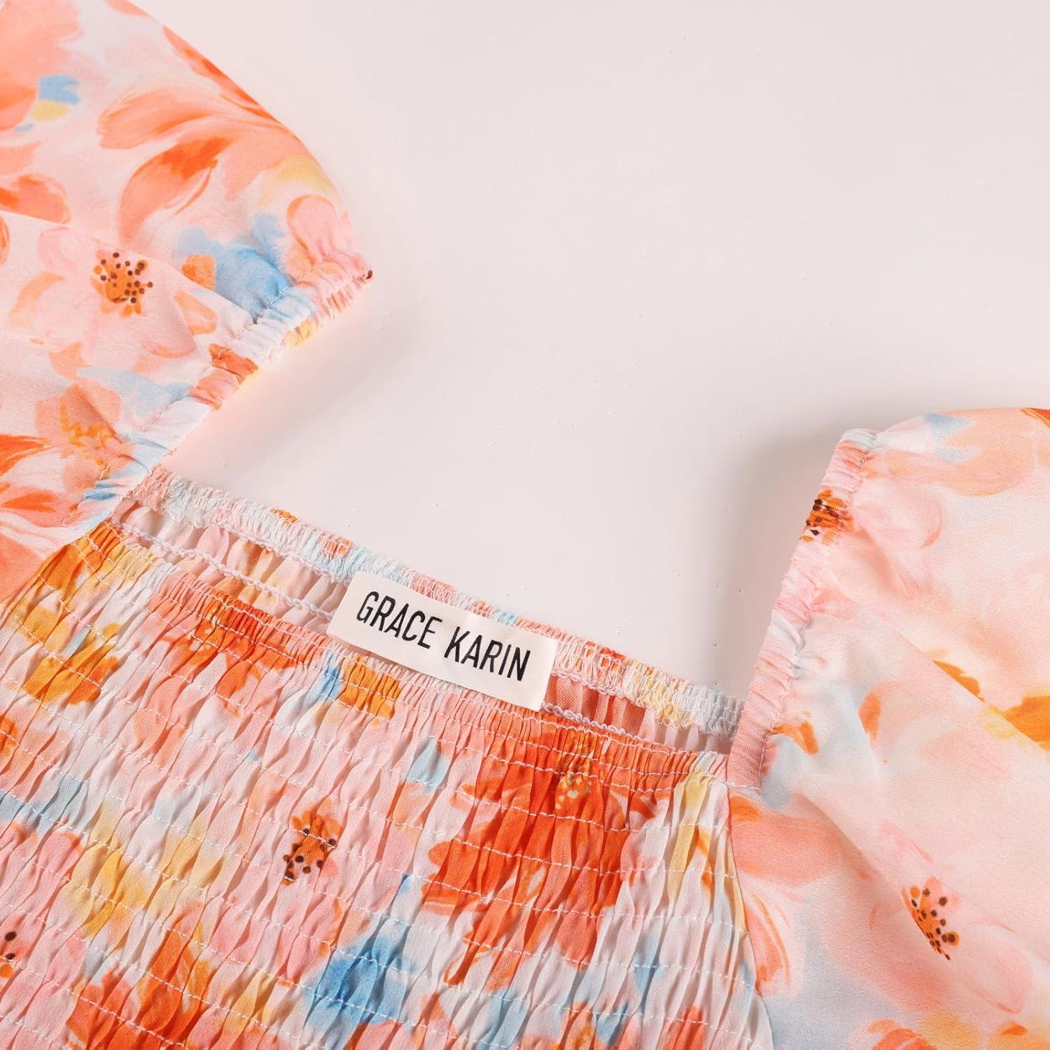 imageGRACE KARIN Girls Flutter Sleeve Floral Dresses Girl Long Midi Spring Dress Kids Smocked Flare Summer Dress 616YOrange Floral