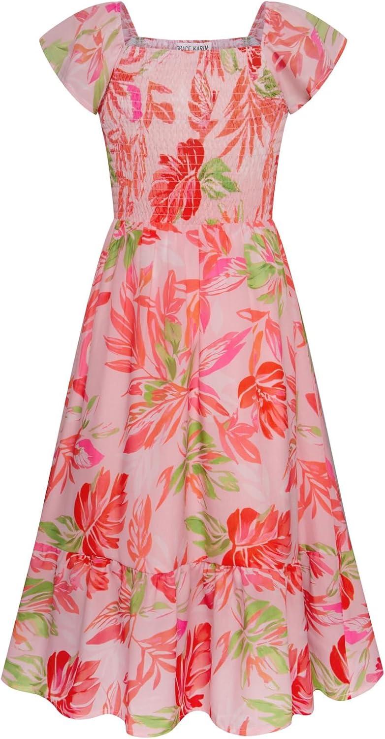 imageGRACE KARIN Girls Flutter Sleeve Floral Dresses Girl Long Midi Spring Dress Kids Smocked Flare Summer Dress 616YPink Floral