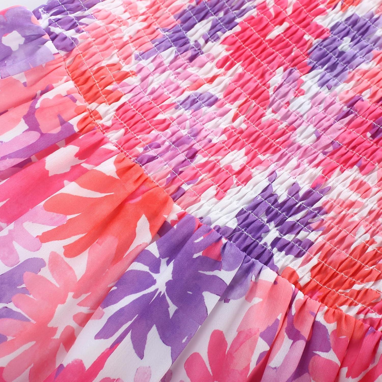 imageGRACE KARIN Girls Flutter Sleeve Floral Dresses Girl Long Midi Spring Dress Kids Smocked Flare Summer Dress 616YPurple Floral