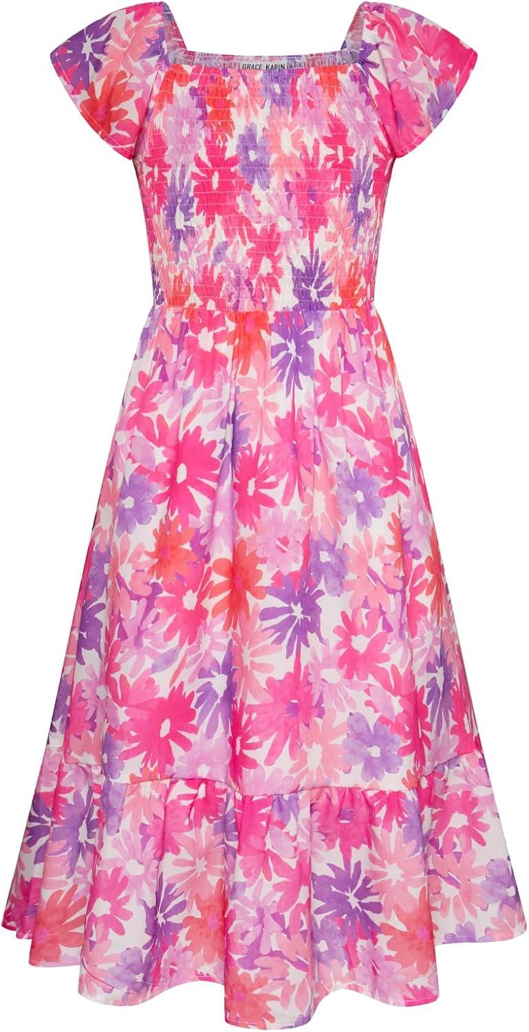 imageGRACE KARIN Girls Flutter Sleeve Floral Dresses Girl Long Midi Spring Dress Kids Smocked Flare Summer Dress 616YPurple Floral