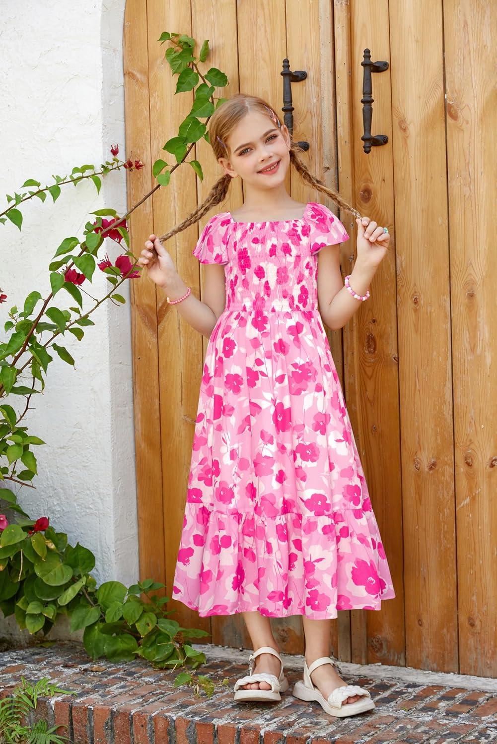 imageGRACE KARIN Girls Flutter Sleeve Floral Dresses Girl Long Midi Spring Dress Kids Smocked Flare Summer Dress 616YRose Red Flowers