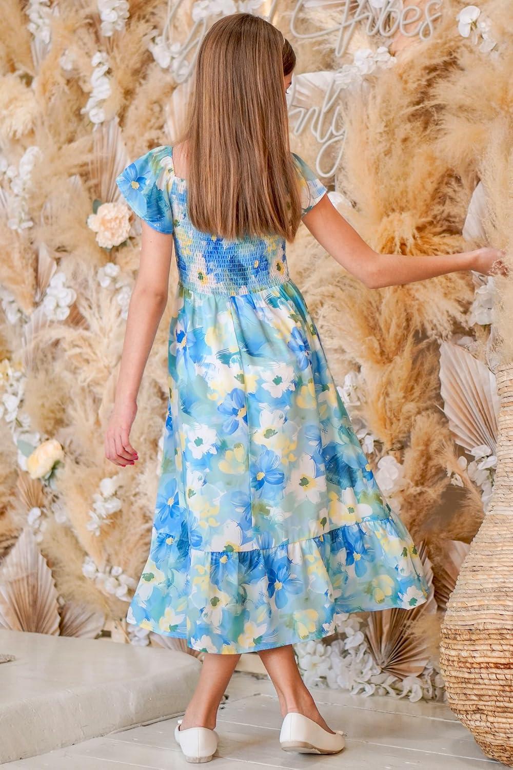 imageGRACE KARIN Girls Flutter Sleeve Floral Dresses Girl Long Midi Spring Dress Kids Smocked Flare Summer Dress 616YTeal Floral