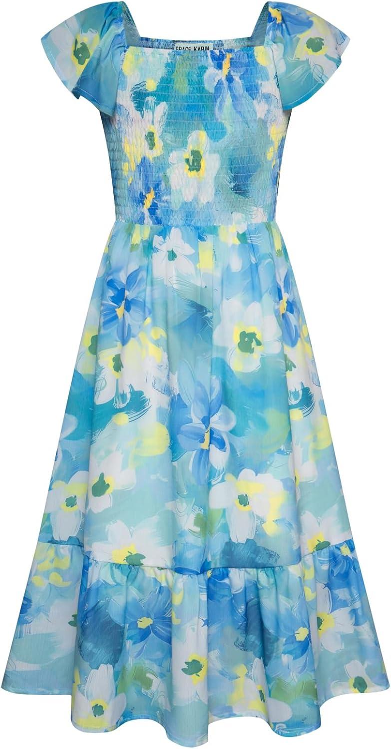 imageGRACE KARIN Girls Flutter Sleeve Floral Dresses Girl Long Midi Spring Dress Kids Smocked Flare Summer Dress 616YTeal Floral