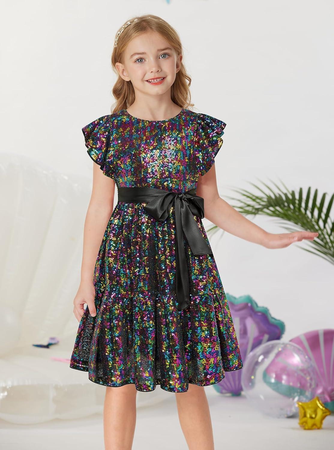 imageGRACE KARIN Girls Formal Party Dress Sequin Birthday Fancy Dresses Wedding Guest Dance Ruffle Dress Size 614Black Multicolor