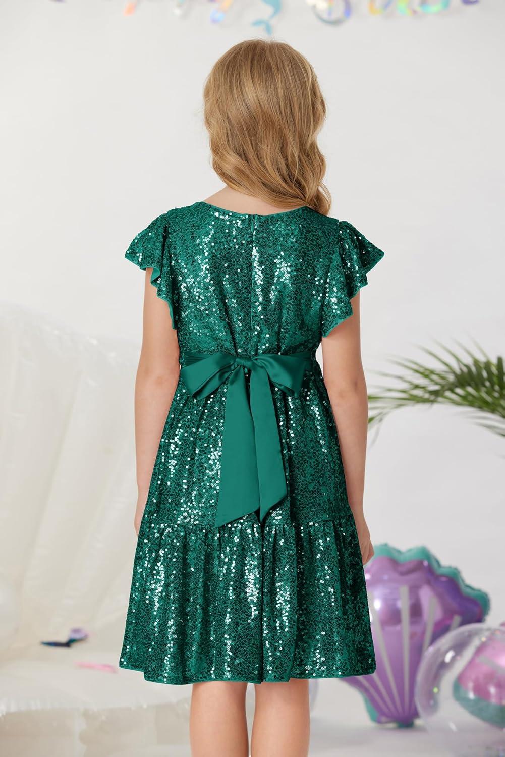 imageGRACE KARIN Girls Formal Party Dress Sequin Birthday Fancy Dresses Wedding Guest Dance Ruffle Dress Size 614Dark Green