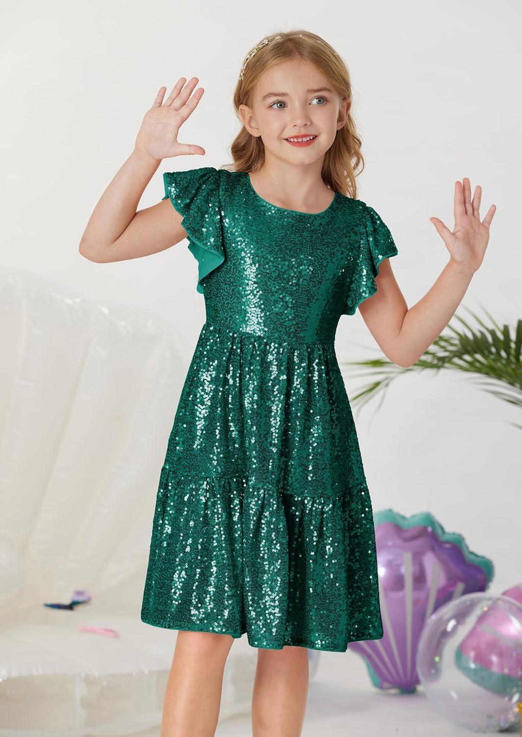 imageGRACE KARIN Girls Formal Party Dress Sequin Birthday Fancy Dresses Wedding Guest Dance Ruffle Dress Size 614Dark Green