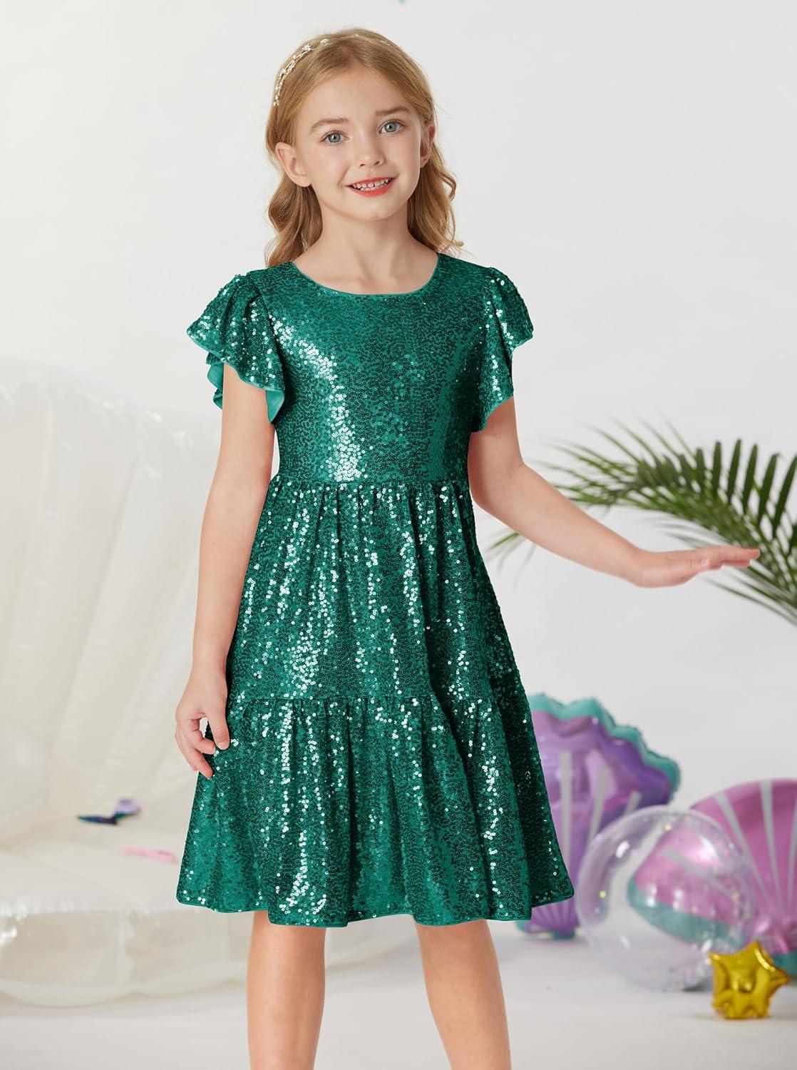 imageGRACE KARIN Girls Formal Party Dress Sequin Birthday Fancy Dresses Wedding Guest Dance Ruffle Dress Size 614Dark Green