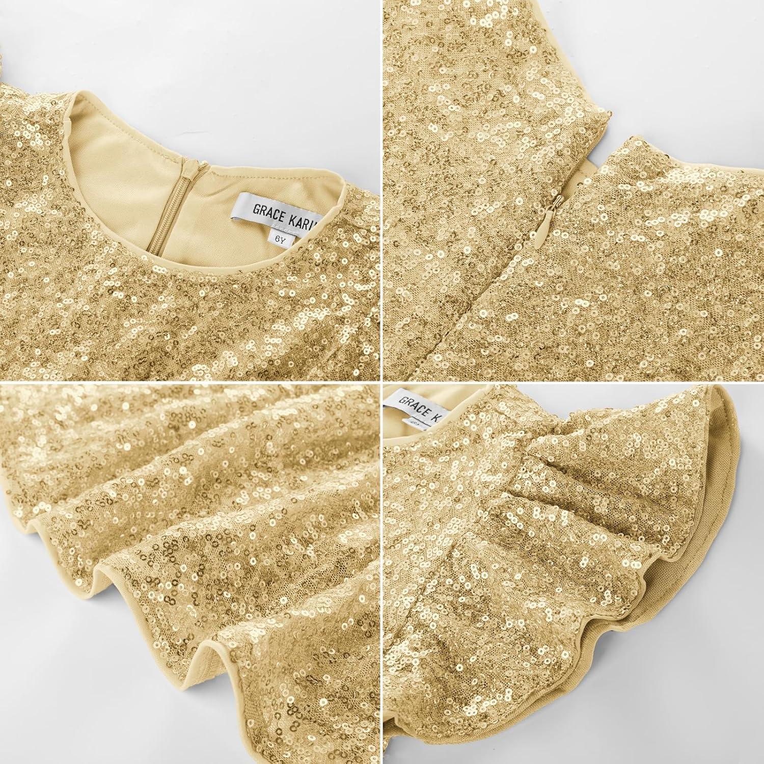 imageGRACE KARIN Girls Formal Party Dress Sequin Birthday Fancy Dresses Wedding Guest Dance Ruffle Dress Size 614Gold