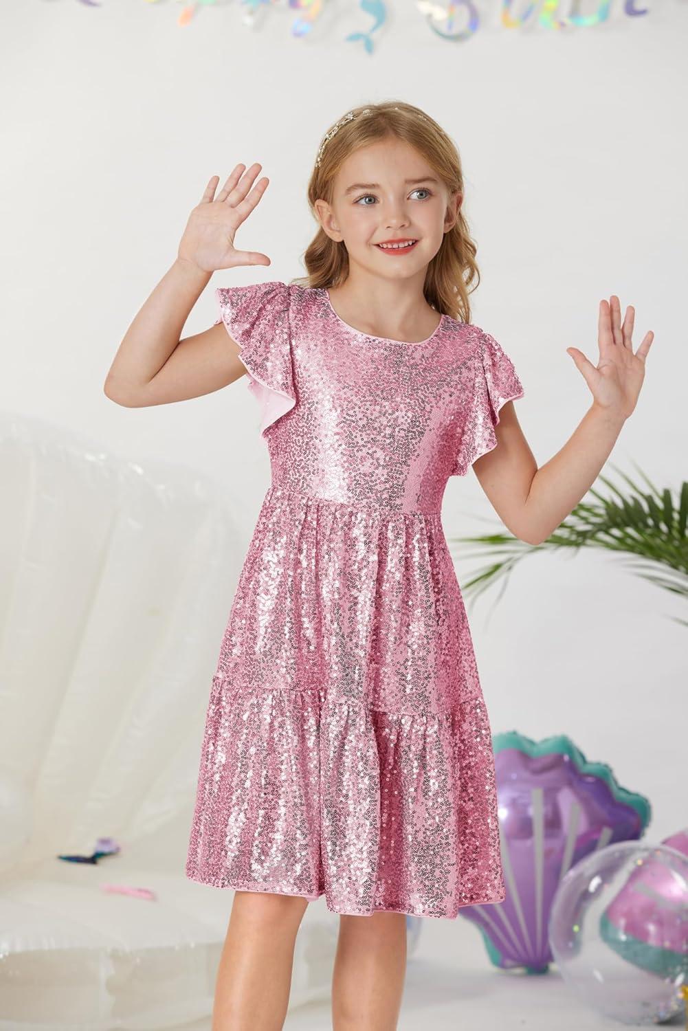imageGRACE KARIN Girls Formal Party Dress Sequin Birthday Fancy Dresses Wedding Guest Dance Ruffle Dress Size 614Pink