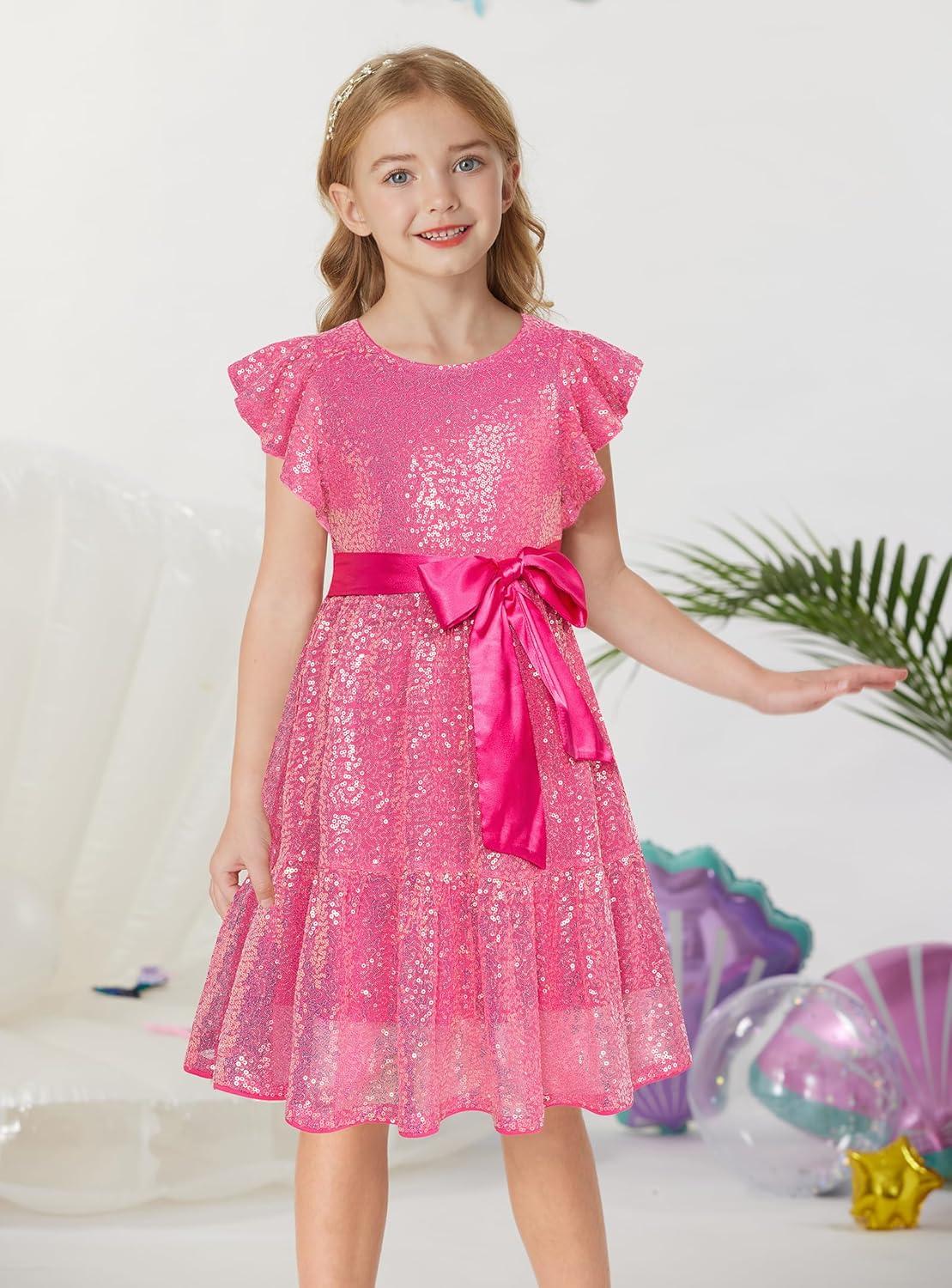 imageGRACE KARIN Girls Formal Party Dress Sequin Birthday Fancy Dresses Wedding Guest Dance Ruffle Dress Size 614Rose Red