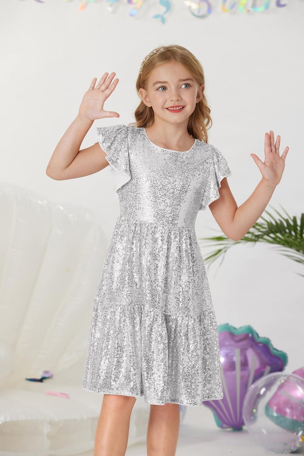 imageGRACE KARIN Girls Formal Party Dress Sequin Birthday Fancy Dresses Wedding Guest Dance Ruffle Dress Size 614Silver