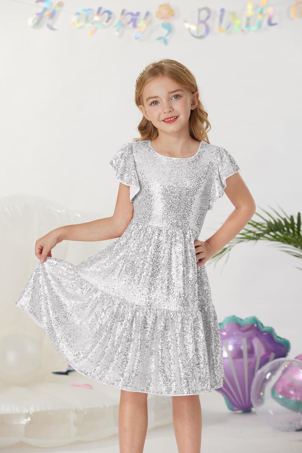 imageGRACE KARIN Girls Formal Party Dress Sequin Birthday Fancy Dresses Wedding Guest Dance Ruffle Dress Size 614Silver