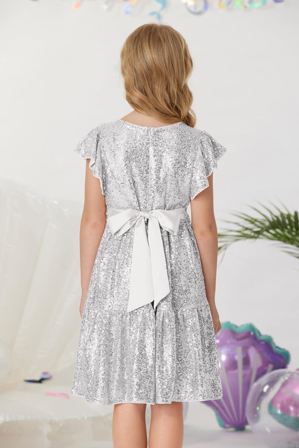 imageGRACE KARIN Girls Formal Party Dress Sequin Birthday Fancy Dresses Wedding Guest Dance Ruffle Dress Size 614Silver