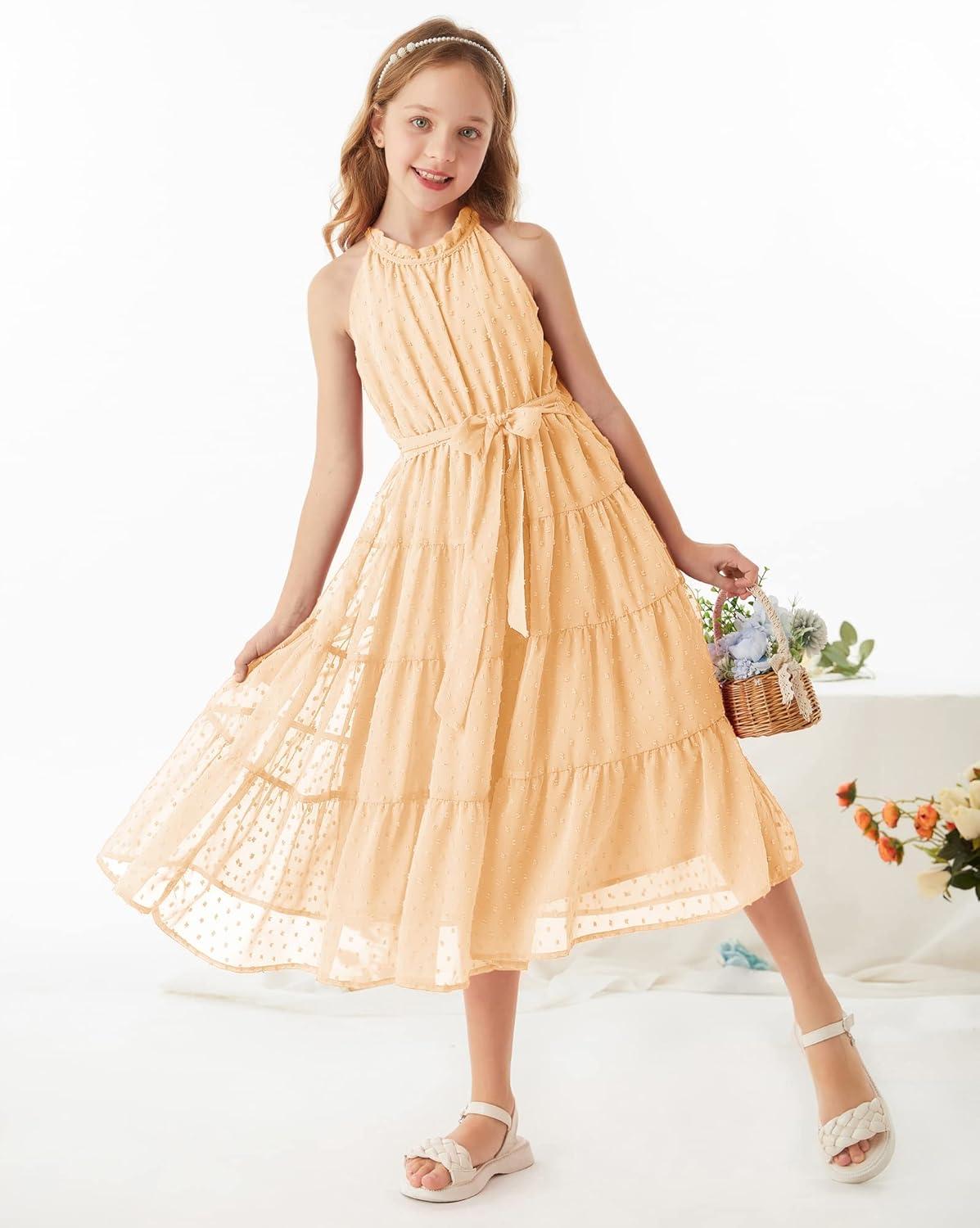 imageGRACE KARIN Girls Halter Neck Dress Sleeveless Casual Aline Flowy Summer Maxi Dress for 514 YearsApricot