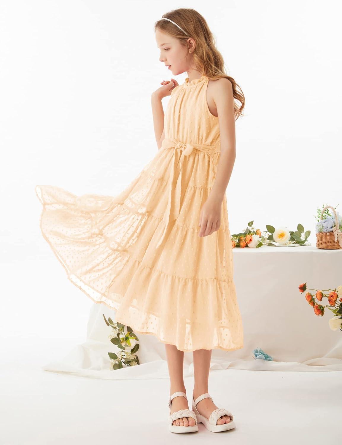 imageGRACE KARIN Girls Halter Neck Dress Sleeveless Casual Aline Flowy Summer Maxi Dress for 514 YearsApricot