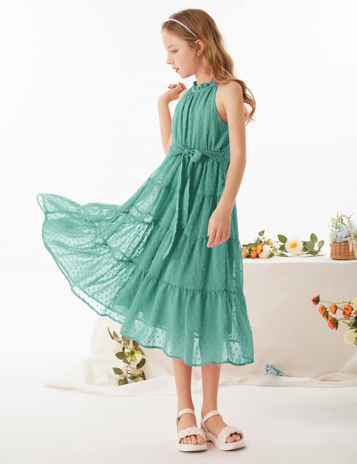 imageGRACE KARIN Girls Halter Neck Dress Sleeveless Casual Aline Flowy Summer Maxi Dress for 514 YearsBlue Green