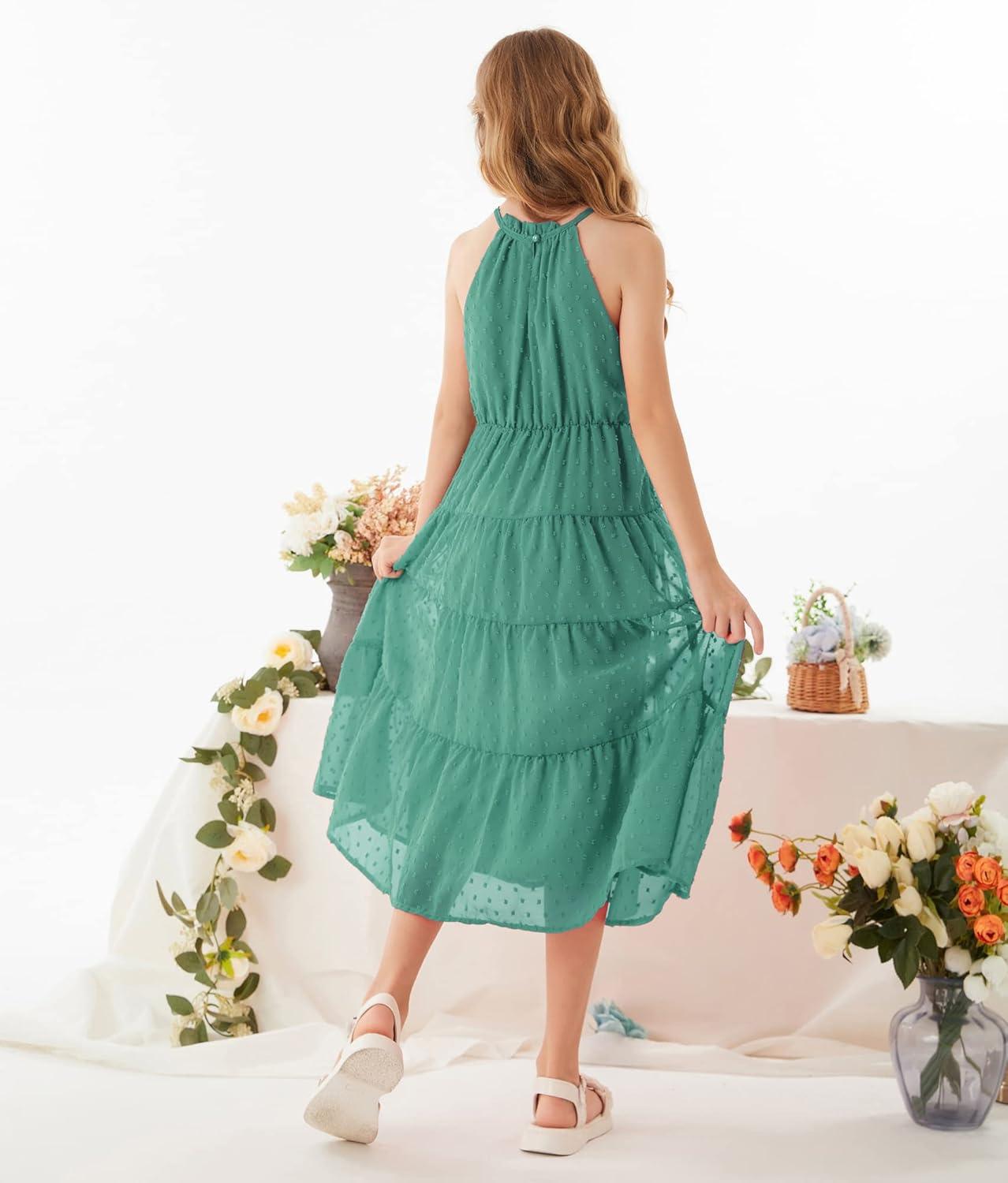 imageGRACE KARIN Girls Halter Neck Dress Sleeveless Casual Aline Flowy Summer Maxi Dress for 514 YearsBlue Green