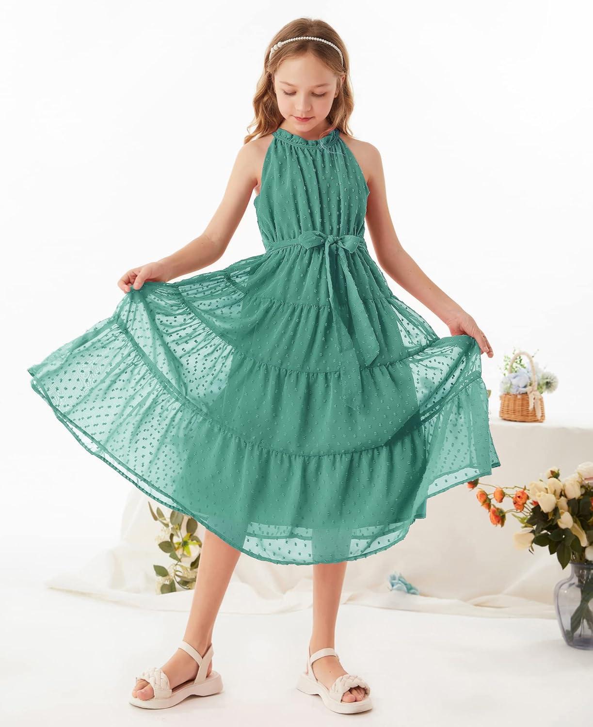 imageGRACE KARIN Girls Halter Neck Dress Sleeveless Casual Aline Flowy Summer Maxi Dress for 514 YearsBlue Green