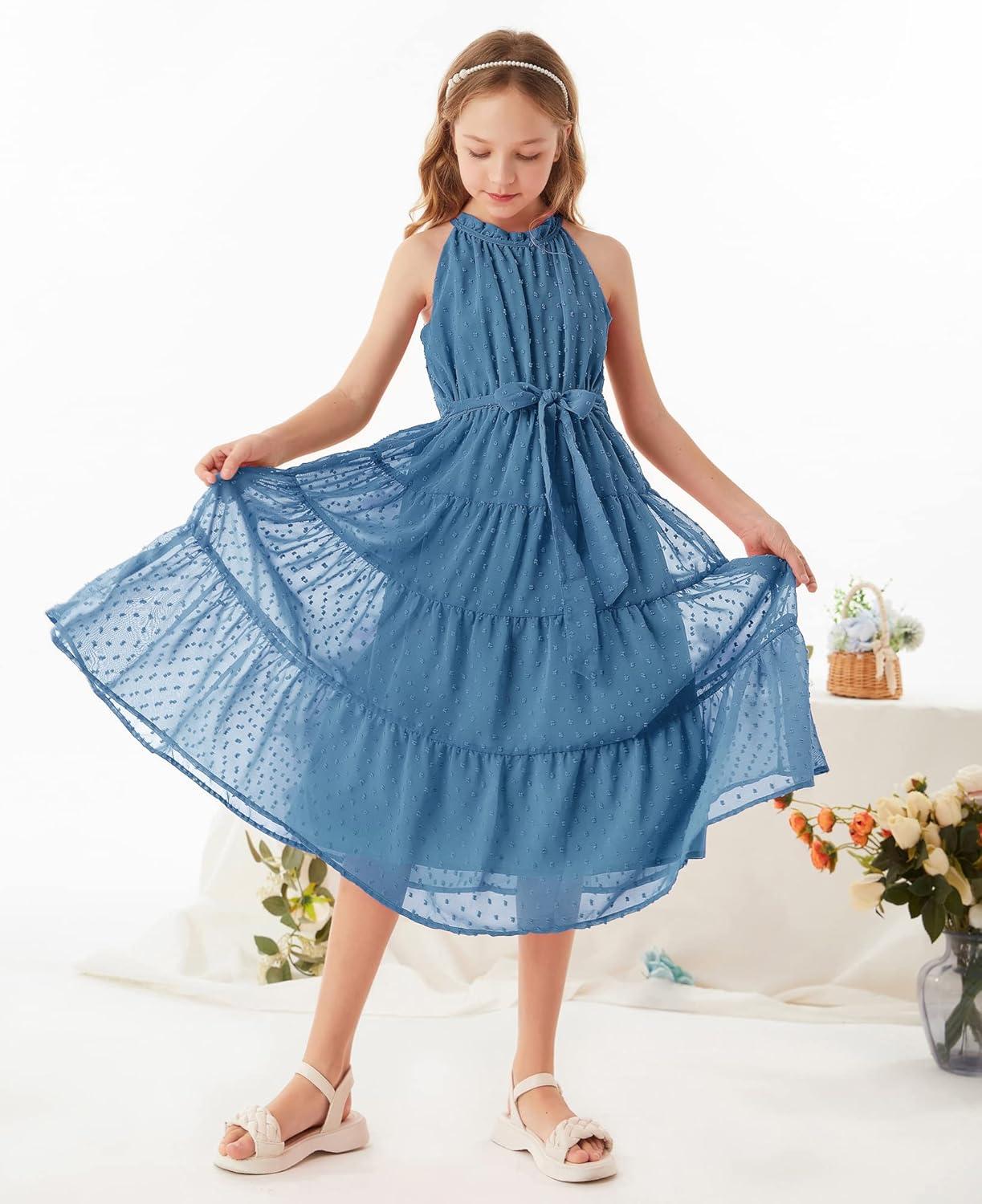 imageGRACE KARIN Girls Halter Neck Dress Sleeveless Casual Aline Flowy Summer Maxi Dress for 514 YearsGrey Blue