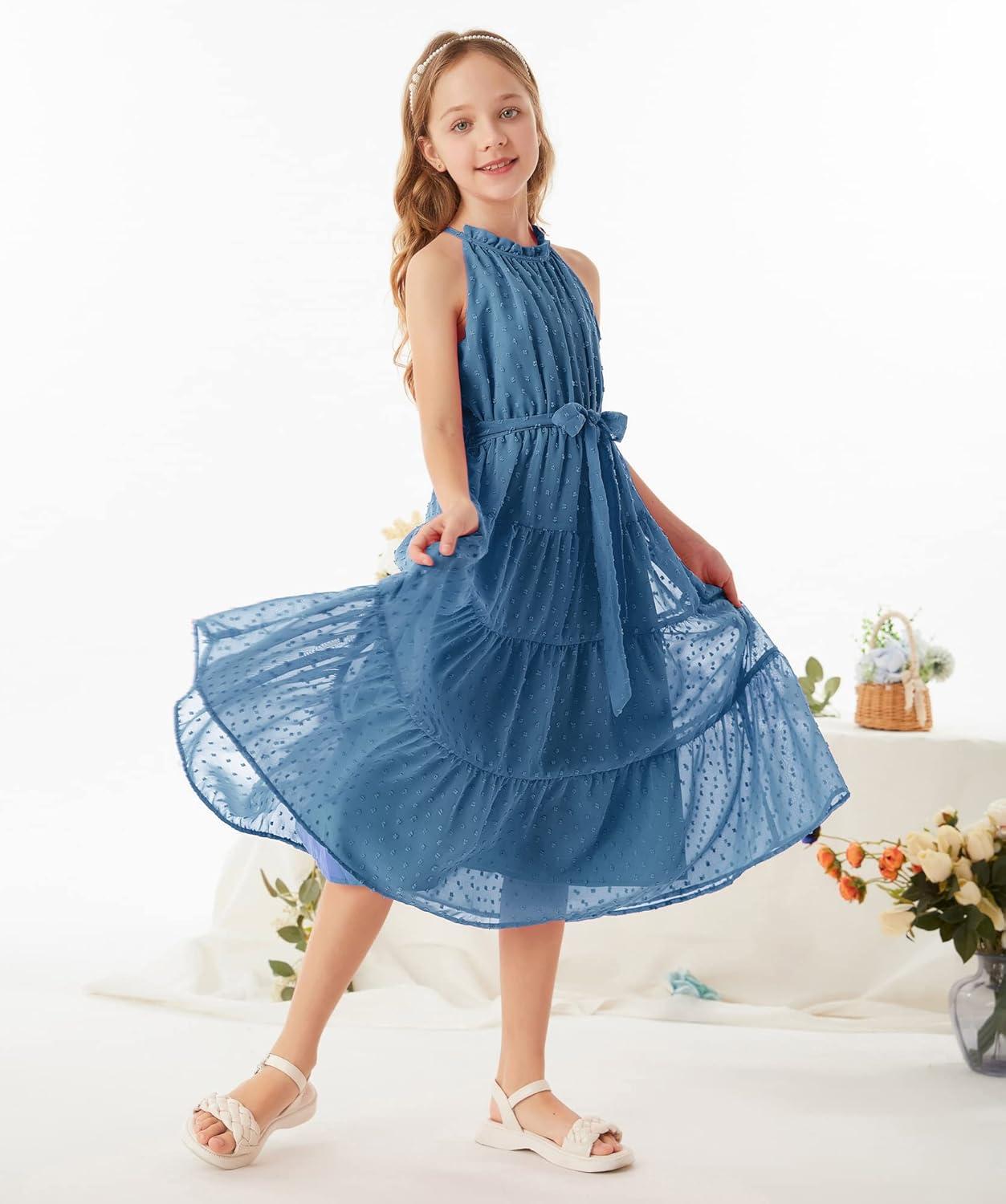 imageGRACE KARIN Girls Halter Neck Dress Sleeveless Casual Aline Flowy Summer Maxi Dress for 514 YearsGrey Blue