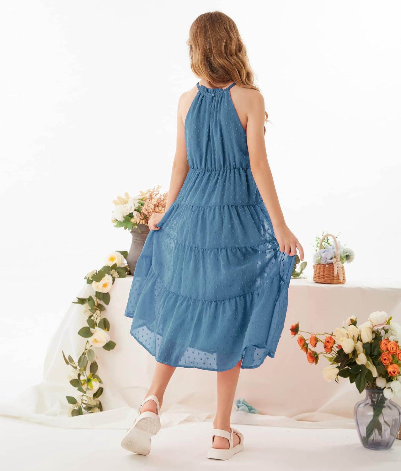 imageGRACE KARIN Girls Halter Neck Dress Sleeveless Casual Aline Flowy Summer Maxi Dress for 514 YearsGrey Blue
