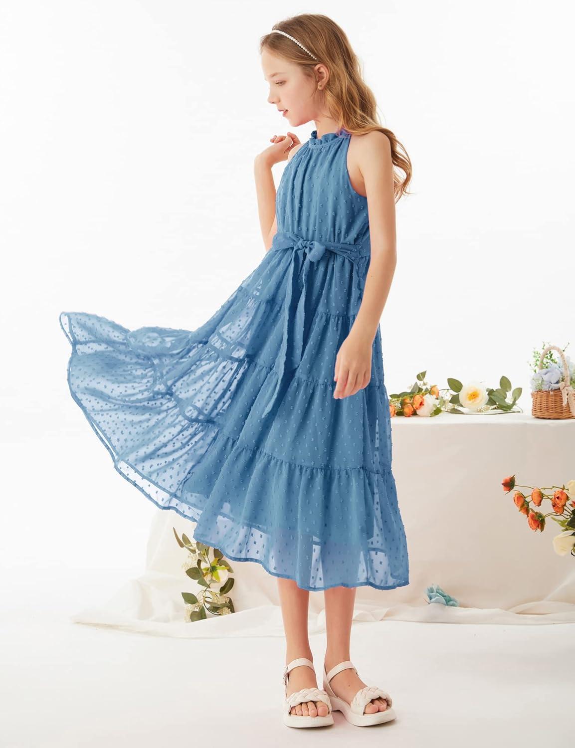 imageGRACE KARIN Girls Halter Neck Dress Sleeveless Casual Aline Flowy Summer Maxi Dress for 514 YearsGrey Blue