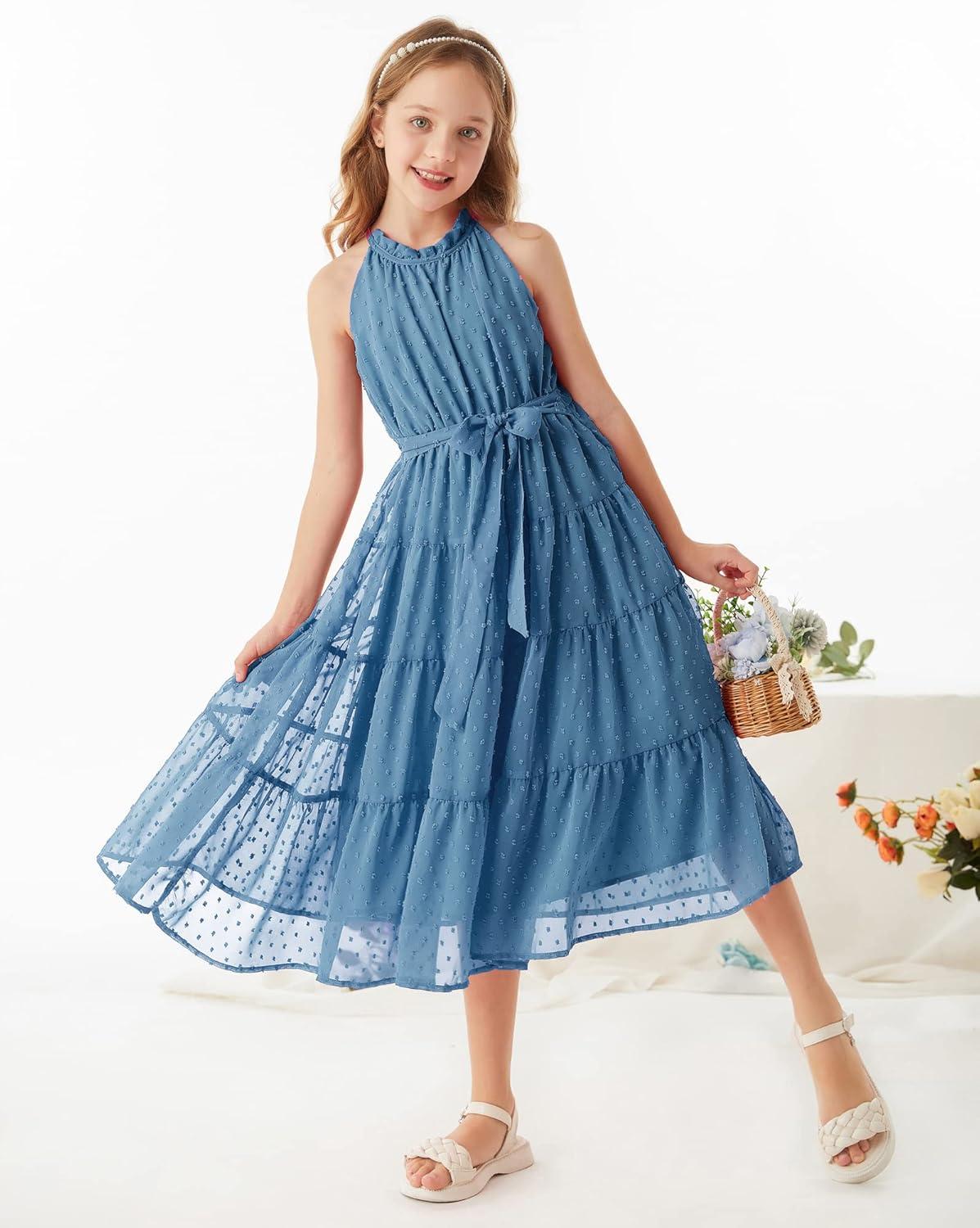 imageGRACE KARIN Girls Halter Neck Dress Sleeveless Casual Aline Flowy Summer Maxi Dress for 514 YearsGrey Blue