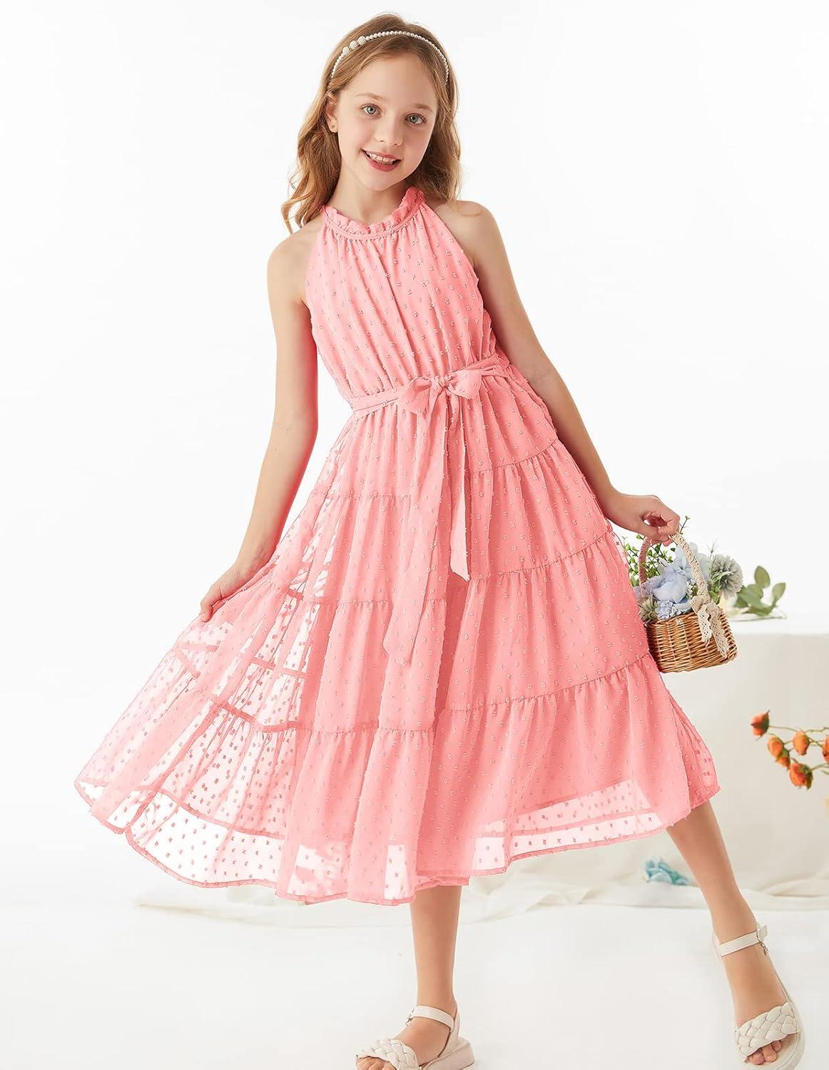 imageGRACE KARIN Girls Halter Neck Dress Sleeveless Casual Aline Flowy Summer Maxi Dress for 514 YearsLight Pink
