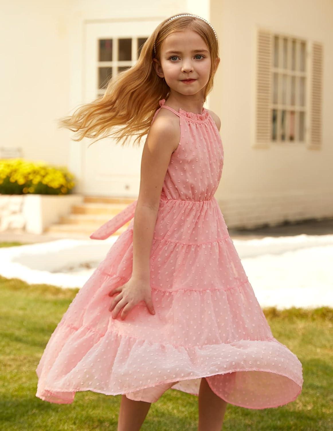 imageGRACE KARIN Girls Halter Neck Dress Sleeveless Casual Aline Flowy Summer Maxi Dress for 514 YearsLight Pink